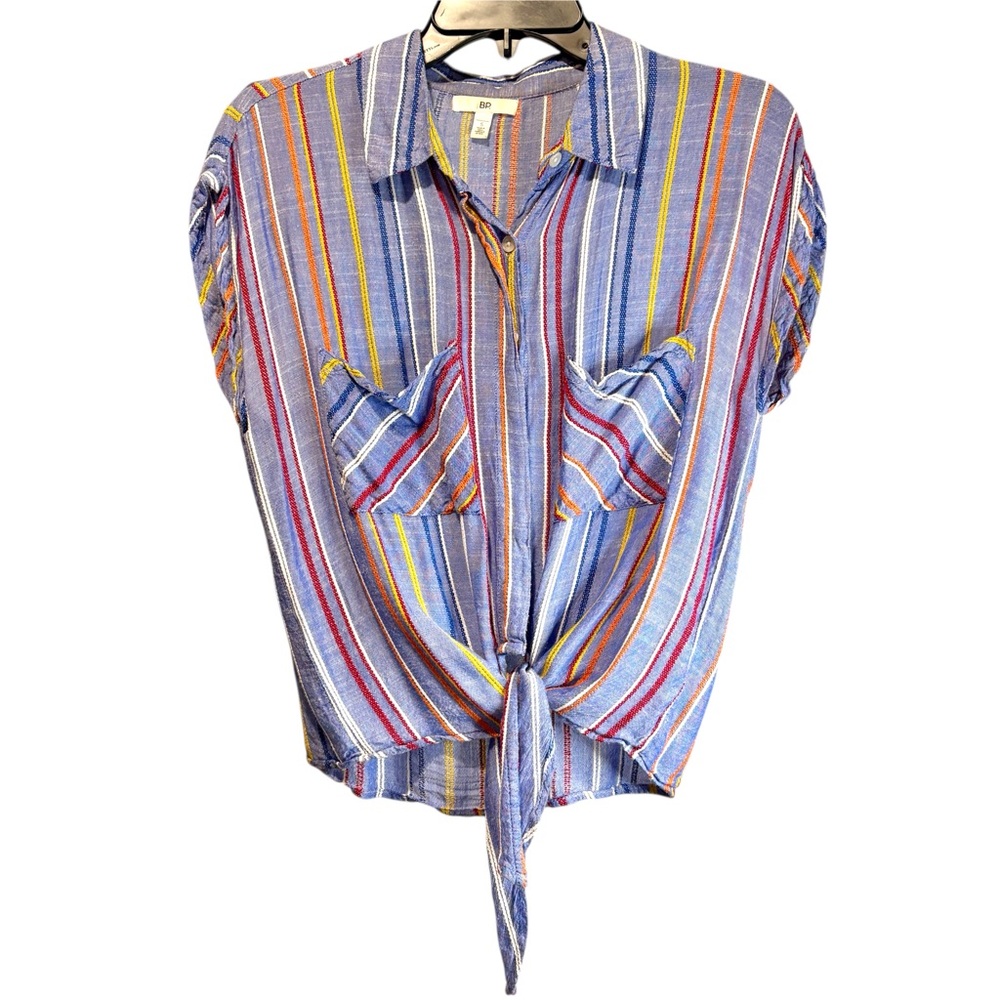 BP Nordstrom Tie Front Chambray Striped Short Sleeve Blouse